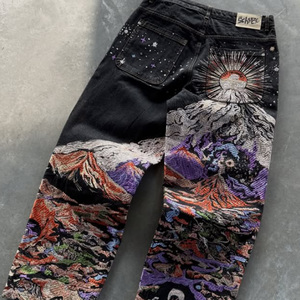 Retro Y2k <strong>Custom</strong> Private <strong>Label</strong> 3d Embroidery Flare Straight Leg Oversized Graphic Distressed Heavyweight Denim Cotton <strong>Jeans</strong> - Product Image 5