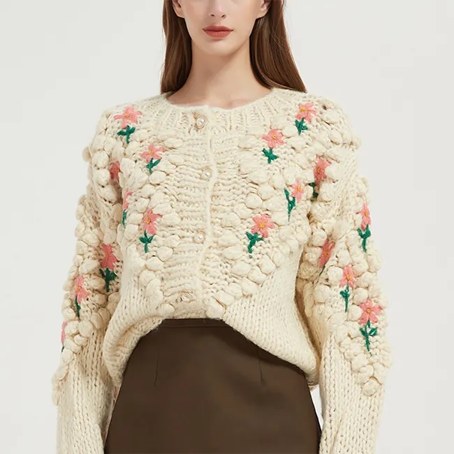 Cardigan curto de lã crochê, cardigã grosso com bola de fio de crochê para mulheres estilo francês, vintage 3d flor elegante