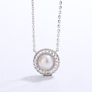 Copper Filigree Lattice Round <b>Disc</b> Freshwater Pearl Pendant Necklace Hollow Carved Vintage Elegant Jewelry for Women - Product Image 3