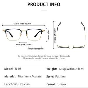 Kính mắt thời trang bán chạy N05 dành cho nam nữ, gọng kính titan nguyên chất, kiểu chữ nhật, gọng kính mắt cận toàn phần - Product Image 6