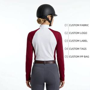 Camisa ecuestre de manga larga para mujer, cuello alto, cremallera 1/4, bloques de color raglán, top para montar a caballo, nailon personalizable - Product Image 2