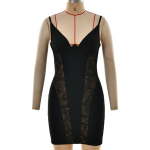Vestido Bodycon Elegante de Mujer con Tirantes, Hombros Descubiertos, Encaje y Cintura Transparente, Falda Corta con Paneles y Cintura Natural - Product Image 5