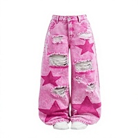 Jean droit vintage rose Y2K avec patchs étoiles, déchiré et délavé à l'acide, style streetwear, pour femmes et hommes, collection hiver automne