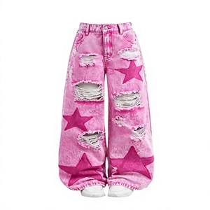 Jean baggy rose Y2K avec patch étoile pour femme et homme, coupe droite, streetwear, denim délavé, déchiré, style hip-hop, vintage - Product Image 1