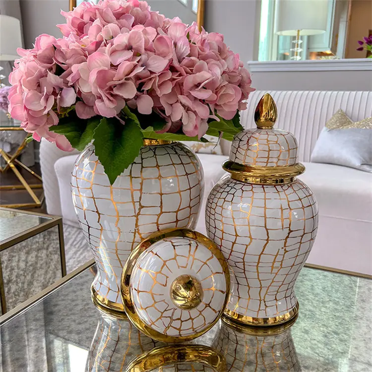 Jarrón de cerámica dorado electrochapado de lujo europeo decoración del hogar tarro de jengibre