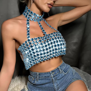 King Mcgreen Star Halter Débardeur Glitter Diamants <span class=keywords><strong>Bustier</strong></span> Magnifique Dos Nu Métal Sequin Crop Top Club Vest Festival Outfits - Product Image 1