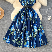 Robe midi élégante à imprimé floral pour femme Printemps 2025, col à revers, manches courtes, taille cintrée, ceinture, coupe trapèze, robes élégantes