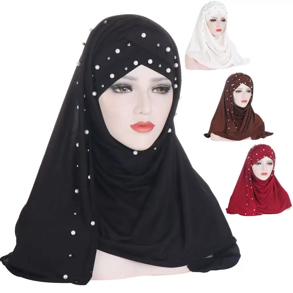 मोती मनके सजावट माथे पार Headwrap Hijabs ठोस रंग पर मुस्लिम महिलाओं जर्सी हेडबैंड सिर बाल पगड़ी स्कार्फ टोपी