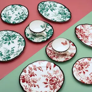 European bone china wax leaf printing antique style black border ceramic dinner plates dessert plates coffee cups and plates
