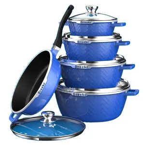 Blue Dessini Set Peralatan Masak Panci, 10 Buah Cetakan Mati Aluminium Antilengket Casserole dan Wajan