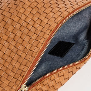 Women's Custom <b>Jumbo</b> Outdoor Waist <b>Bag</b> Brown Vegan Leather with Woven Pattern Zipper Closure Elegant Crossbody Belt <b>Bag</b> - Product Image 4