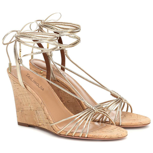 Sandali con <span class=keywords><strong>tacco</strong></span> a zeppa <span class=keywords><strong>in</strong></span> <span class=keywords><strong>sughero</strong></span> dorato all'ingrosso cinturino alla caviglia punta tonda allacciata tacchi alti per donna - Product Image 4