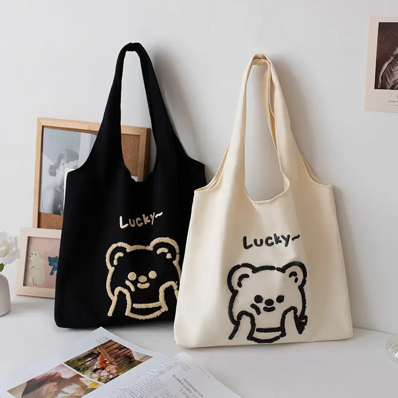 Embroidered New Lucky Bear Tote Shopping Bag Women'S Shoulder Bag Korean Large Capacity Student Hand Held Canvas Bag