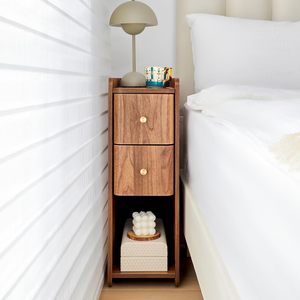 Set of 2 Narrow Wooden Nightstands, Slim 2-Drawer <strong>Bedside</strong> <strong>Tables</strong>, Mid Century Modern <strong>Skinny</strong> Side <strong>Tables</strong> for Bedroom Living Room - Product Image 4