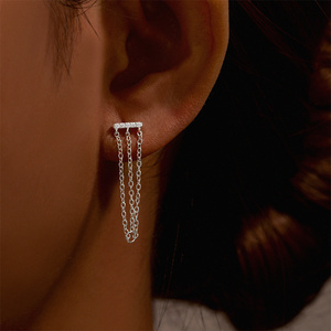 Single 925 Sterling Silver 18K Gold Plated Long Chain Tassel Cartilage Flat Back <b>Helix</b> <b>Stud</b> Earrings - Product Image 3