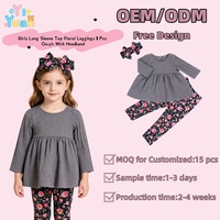 Ensemble 3 pièces pour filles, doux et respirant, haut à col rond gris, leggings à imprimé floral, bandeau assorti, possibilité de personnalisation