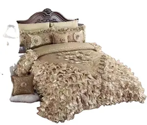 American Style Satin Silky 3D printed nature Floral Lace Ruffle Sweet Royal Bed Cover Set embroid