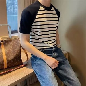 เสื้อยืดแขนสั้นลายทางสำหรับผู้ชาย สีดำและสีน้ำตาล M L XL 2XL 3XL คอกลม ทรงหลวม ใส่สบาย - Product Image 2
