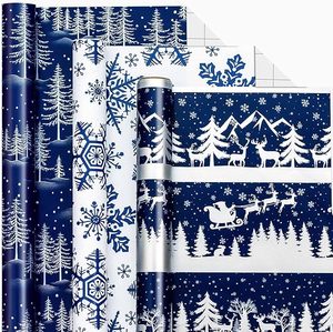 Dark <b>blue</b> Christmas snowflake Christmas tree pattern copperplate <b>paper</b> gift wrapping <b>paper</b> festive decoration - Product Image 2
