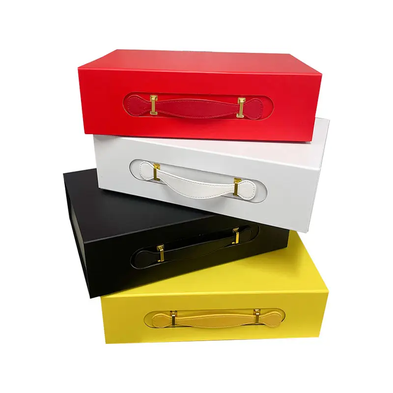 Mala de lembrança exclusiva com alça de couro PU, caixa de presente personalizada de papelão dobrável de luxo com tampa magnética, 37x27x11cm