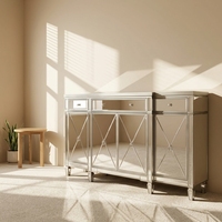 Buffet en bois massif avec miroir pour salon ou chambre, avec 4 portes et 3 tiroirs, en or ou en argent