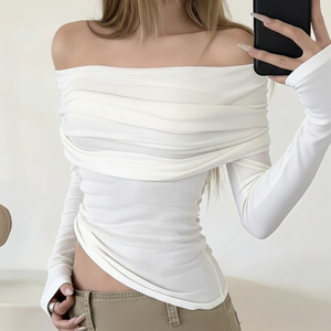 Haut tendance pour femmes à épaules dénudées, manches longues, couleur unie, détail plissé, taille cintrée, élégant, décontracté, haut quotidien - Product Image 2