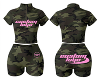 Ensemble deux pièces camouflage pour femme : veste courte, crop top et short – Tenue de fitness Y2K en nylon – Survêtement et vêtements de sport pour femme