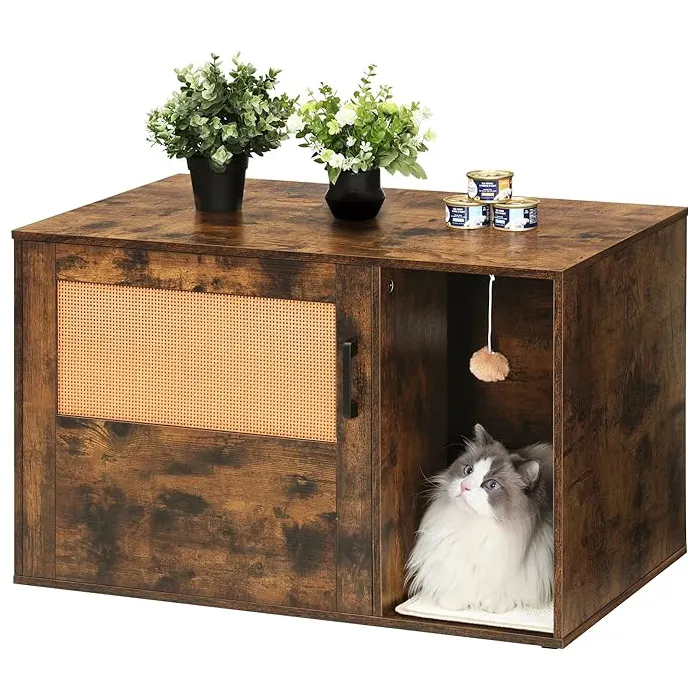 Boho Style Wooden Pet House End Table with Hidden Litter Box & Storage Cabinet Bench