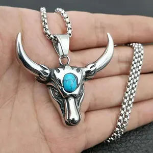 MECYLIFE Stainless Steel Ox Necklace Natural Turquoise Stone Inlay Buffalo Horn Pendant Necklace Cattle Pendant