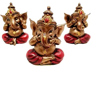 Hindu God Ganesh Set of Three Ganesha See Hear Speak No Evil Decorative Shelf Sitter Figurines Miniature Talisman Eastern Enligh