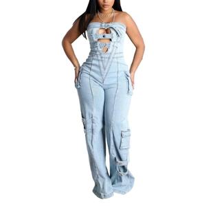 Pantalon en jean multi-poches tendance pour femme, style débardeur - Product Image 1