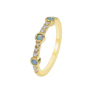 Wholesale Fashion Gold Plated Brass Simple Thin With Zircon Blue Opal Stacking Rings Jewelry for Women