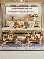 Table à manger rectangulaire en marbre de style européen, ensemble de salle à manger de luxe pour villa, meubles sculptés en bois massif, 8 places avec rangement