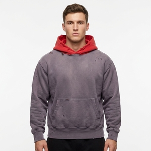 Pull à capuche doublé uni classique en coton bicolore, effet vieilli, délavé <span class=keywords><strong>soleil</strong></span>, délavé à l'acide, style vintage, vierge, pour fabricants - Product Image 2