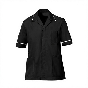 Blouse de travail noire pour femmes, manches courtes, avec bordure blanche, uniforme d'hôpital, tissu en coton et polyester - Product Image 1