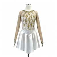 Robe de patinage artistique en or blanc avec strass et maille, manches longues, pour enfants et adultes, tenue de compétition et de performance sur glace