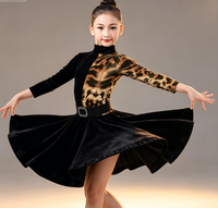 Robe de danse latine léopard à manches longues, jupe asymétrique à motifs d'arêtes de poisson, costume de scène pour filles pour samba, salsa, rumba, jazz