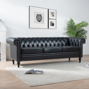 Canapé vintage en cuir PU noir capitonné, canapé Chesterfield de luxe pour salon, ensemble 3 places convertible, mobilier pour hall d'hôtel - Product Image 2