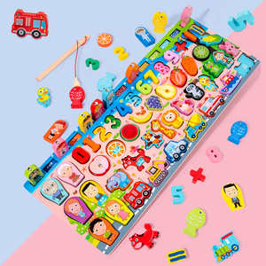 Montessori 7 in 1 Wooden Fruit Animal Fishing Game Geometry Cognition Activity Board Math Early Education Toy for Children - Product Image 2