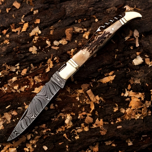 Couteau pliant artisanal en acier Damas, couteau de poche pliant avec manche en corne de cerf et étui en cuir - Product Image 4