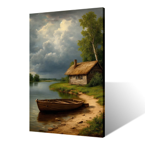 Stampa Artistica Moderna B&C ART con Paesaggio di Casa al Lago, Barca Vintage in Legno, <span class=keywords><strong>Riflessi</strong></span> Tranquilli sull'Acqua, Ispirata alla Natura ed Ecologica - Product Image 4