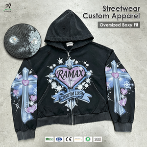 Sweat à capuche court zippé vintage personnalisé pour homme, imprimé DTG, coupe ample, ourlet brut, style streetwear, avec logo personnalisé OEM - Product Image 1