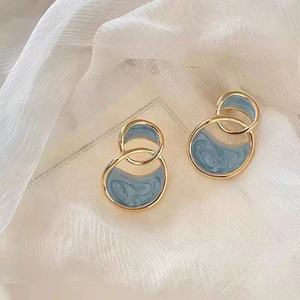 Pendientes de Perlas con Diseño Geométrico de Doble Arco y Gota de Aceite Azul para Otoño e Invierno, de Aleación de Zinc Esmaltada, para Mujer, Ideales para Fiestas - Product Image 2