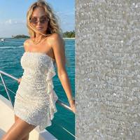 Tissu tricoté en maille champagne avec broderie de sequins denses, finition mate, poids moyen, personnalisé, pour robe de mariée et robe de soirée