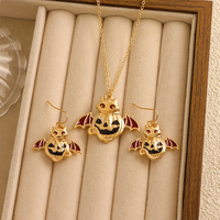 Parure de bijoux pour femme style néo-gothique pour fête d'Halloween, collier et boucles d'oreilles en alliage de zinc avec pendentifs chat, citrouille et chauve-souris
