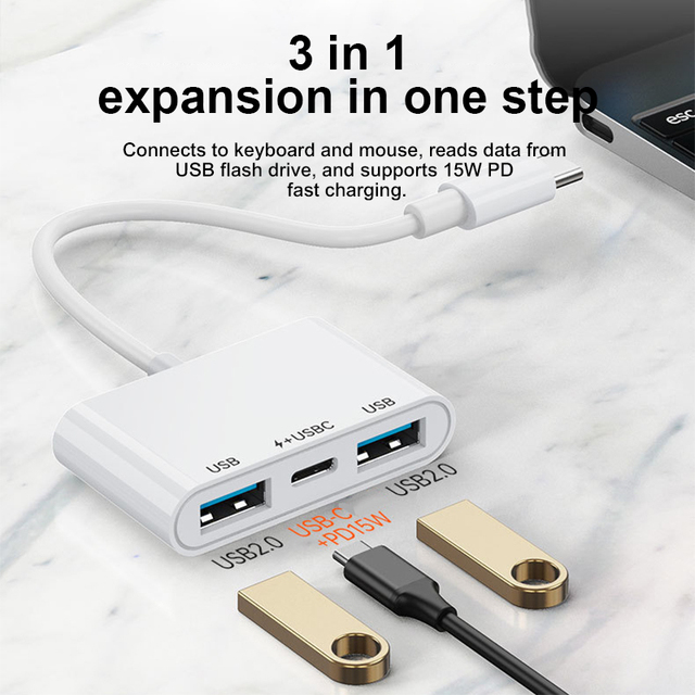 3 in 1 USB C Hub Adapter USB C to Dual USB 2.0 Ports USB C Data Port 15W Power Delivery OTG Converter for Phone PC Hardware