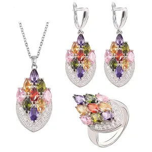 Muti Color zircon ladies jewelry sets for Women wedding Gold jewellery sets Earrings Ring Necklace Pendant