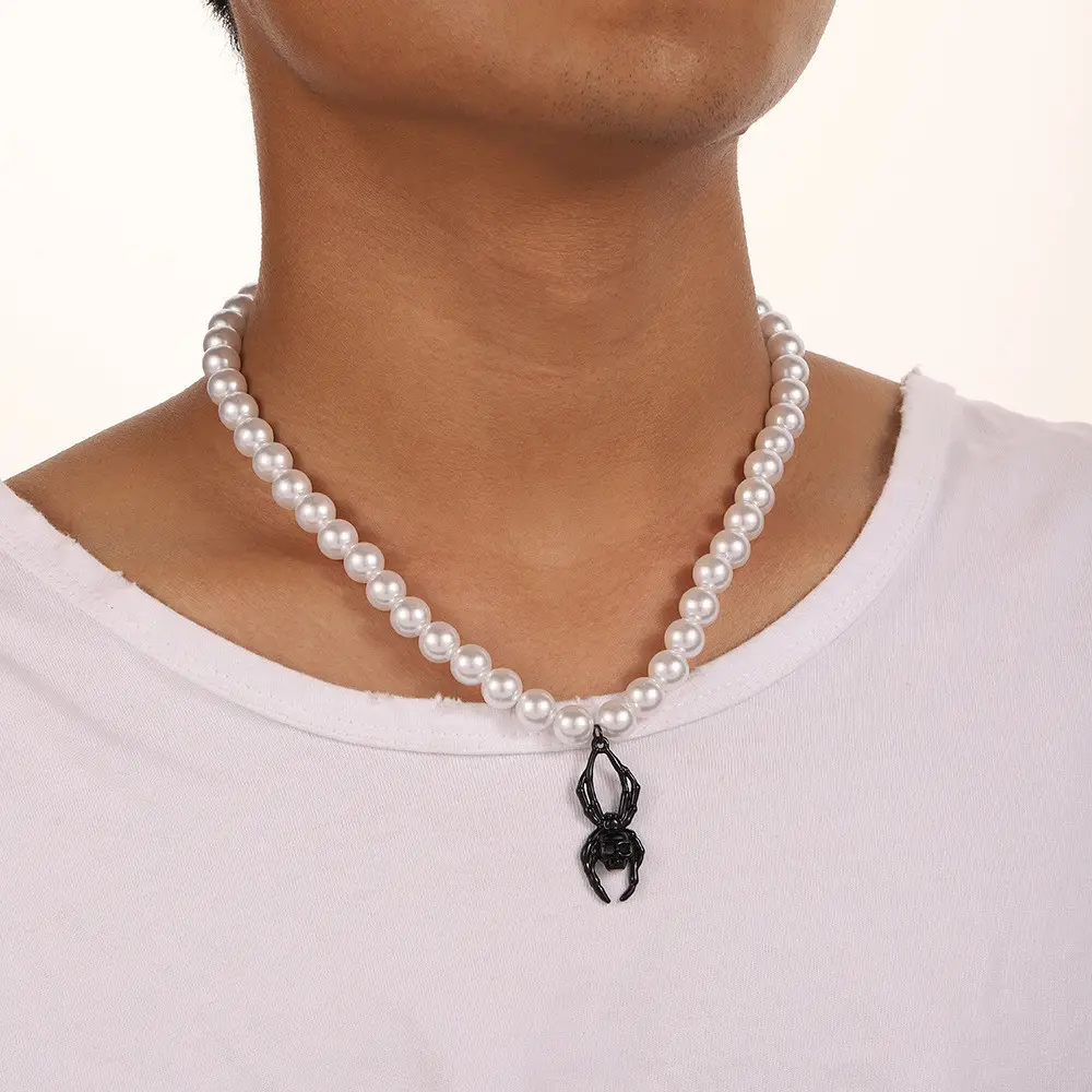 Cadena de clavícula de cuentas de perlas clásicas para hombres, collares con colgante de Cruz de araña negra, accesorios de joyería para fiesta de Halloween