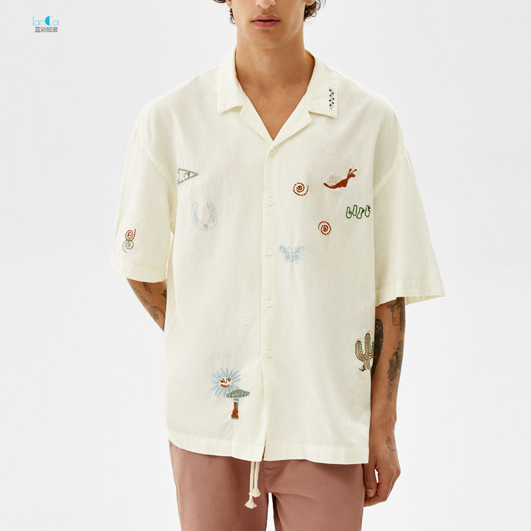 New Style Fashion Vintage Atmungsaktive Custom ized Logo Stickerei Kurzarm Leinen Baumwolle Button Up Shirt für Männer