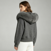 Gros Manteau Tricoté en Mélange de Laine Doux Personnalisé, à Capuche, Col en Vraie Fourrure de Renard, Luxueux et Chaud pour l'Automne, Cardigan Courte Vintage pour Femme